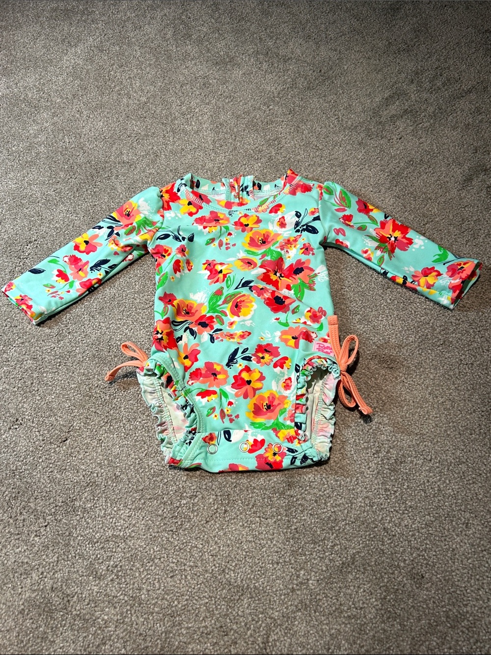 Ruffle Butts Mint Floral Long-Sleeve One-Piece Swimsuit with Coral Ties